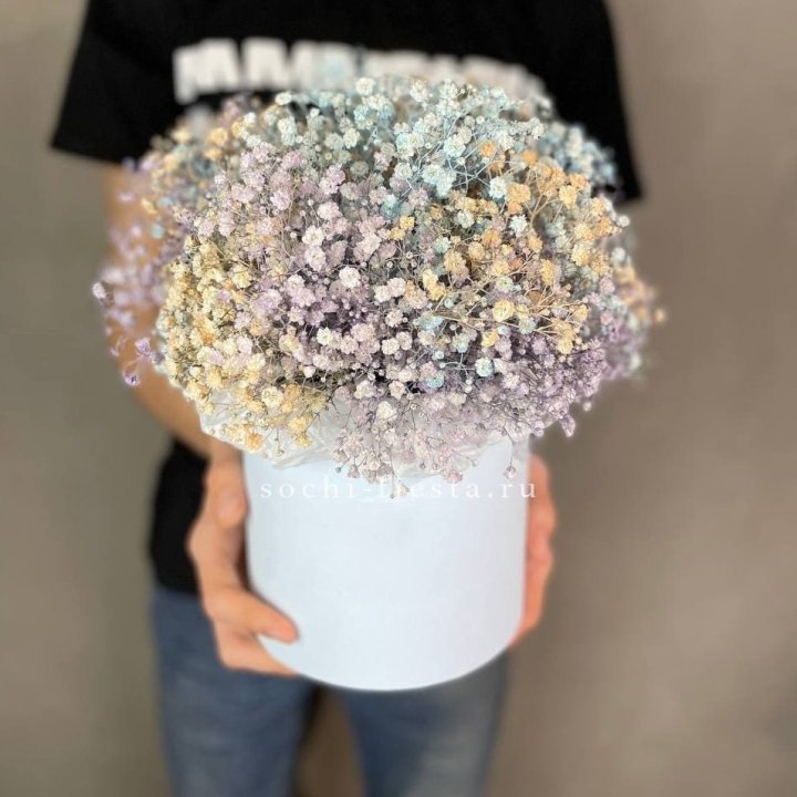 9 Радужных гипсофил в шляпной коробке в Череповеце