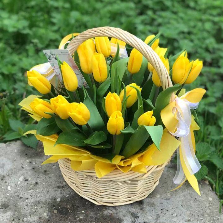 25 желтых тюльпанов в корзине в Череповеце